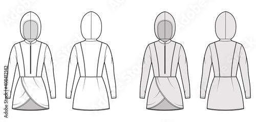 Modest hijab tunic technical fashion illustration with zip henley neck, long sleeves, fitted body, petals hem, hood. Flat shirt top template front, back, white, grey color. Women men unisex CAD mockup