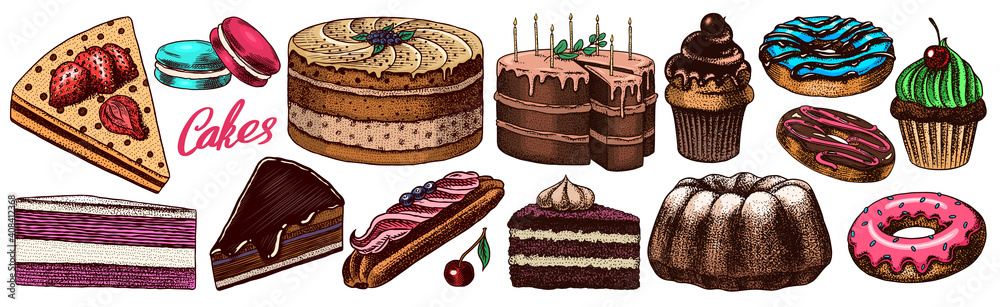 Cakes and cream tarts, fruit desserts and muffins. Chocolate Donuts, Sweet Food. Hand drawn pastries. Vintage engraved sketch. Vector illustration for a banner or menu of a cafe and restaurant.