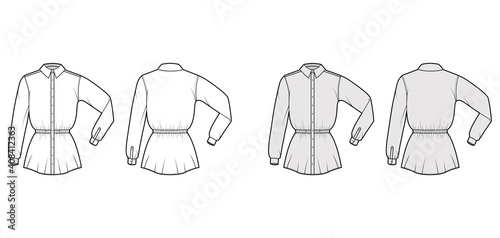 Shirt drawstring gathered waist technical fashion illustration with elbow folded long sleeves, tunic length. Flat apparel top outwear template front back white, grey color. Women men unisex CAD mockup