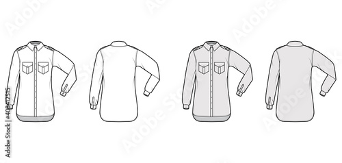 Shirt pilot airline technical fashion illustration with chevron, elbow folded long sleeves, angled flap pockets. Flat apparel top template front, back, white, grey color. Women men unisex CAD mockup