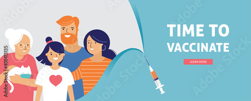 Family Vaccination concept design. Time to vaccinate banner - syringe with vaccine for COVID-19, flu or influenza and a family