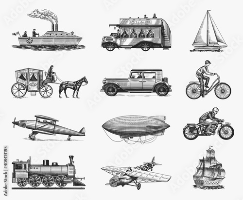 Fotografia Submarine, boat and car, motorbike, Horse-drawn carriage