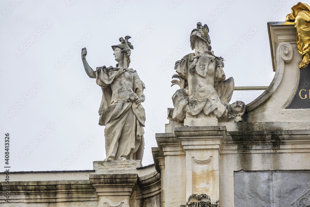 Architectural fragment of The Arc Here (XVIII century) - a triumphal arch between Place Stanislas and Place de la Carriere in Nancy, France. A World Heritage Site.