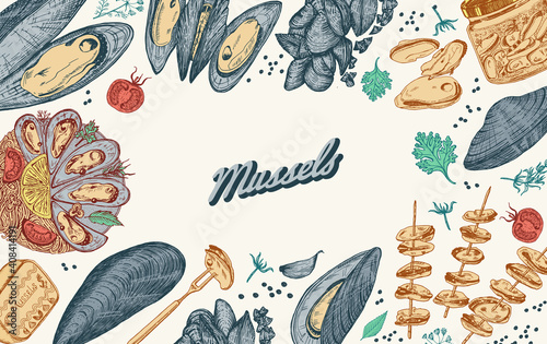 Sea mussels. Poster or banner in vintage retro style. Nautical molluscs. Ocean food background. Vector illustration. Hand drawn engraved retro sketch. Antique old monochrome style.