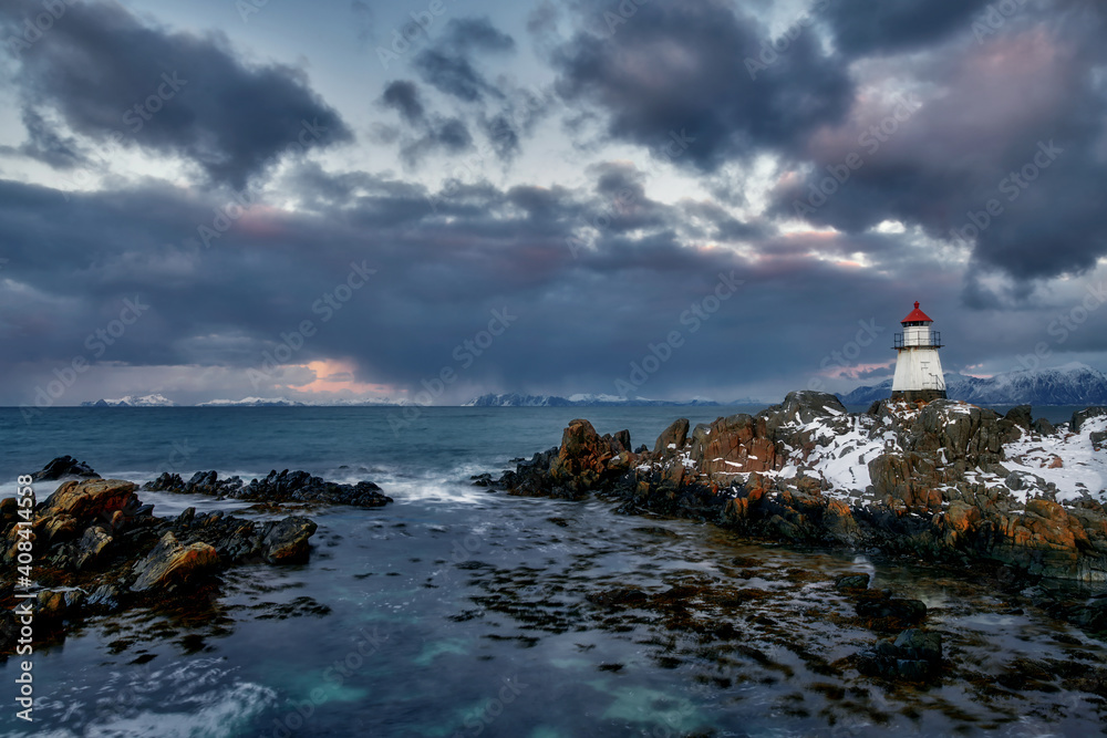 Lighthouse on the island of Gimsoy, Norway, Lofoten Islands