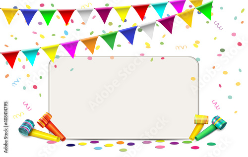Blanko Karte für Geburtstag, Fasching, Karneval, Partys  uvm.
mit Konfetti, Tröten und Girlande,
Vektor Illustration isoliert auf weißem Hintergrund
