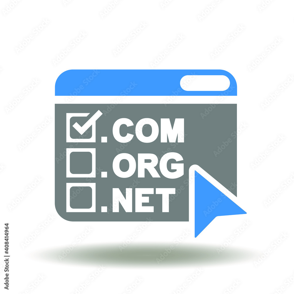 Website with domains name and check boxes vector icon. Com domain registration symbol. Hosting logo. Website with domains name and check boxes vector icon. Com domain registration symbol. Hosting logo.