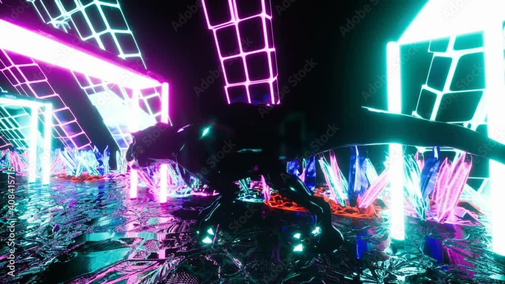 The dinosaur t-rex runs through the neon tunnel with crystals. Seamless loop animation tunnel of glowing crystals for vj, dj or sci-fi backgrounds.