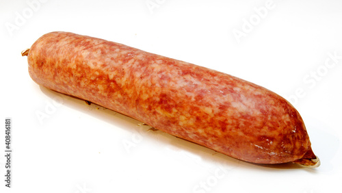 Ciauscolo is a spreadable salami sausage typical of the Marche region in Italy isolated on a white background