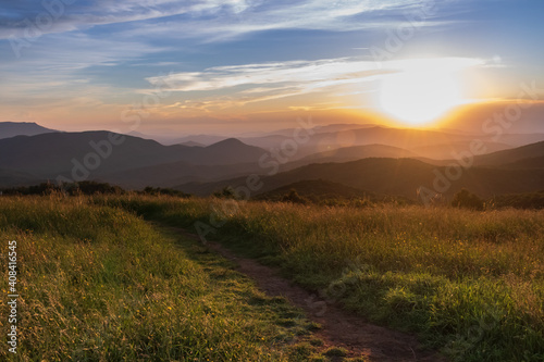 Stampa su tela Appalachian Trail at sunset, view from Max Patch bald over the Great Smoky Mount