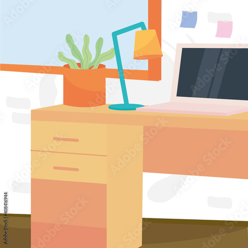 workplace with desk laptop plant and lamp vector design