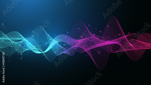 Geometric abstract background with connected lines and dots. Connectivity flow point. Molecule and communication background. Graphic connection background for your design. Vector illustration.