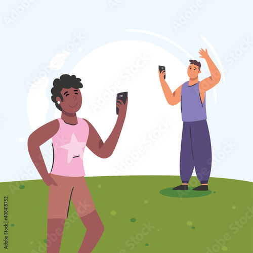 black woman and man with smartphone vector design