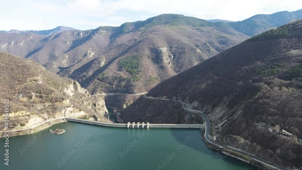 Aerial view of dam of Vacha (Antonivanovtsi) Reservoir, Rhodope Mountains, Plovdiv Region, Bulgaria Aerial view of dam of Vacha (Antonivanovtsi) Reservoir, Rhodope Mountains, Plovdiv Region, Bulgaria