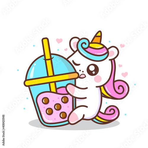 cute little unicorn hugging bubble tea