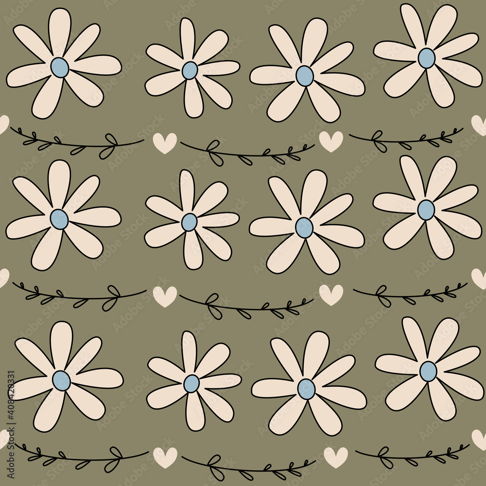 Cute lovely seamless vector pattern illustration with daisy flowers, hearts and romatic branch on vintage green background Cute lovely seamless vector pattern illustration with daisy flowers, hearts and romatic branch on vintage green background