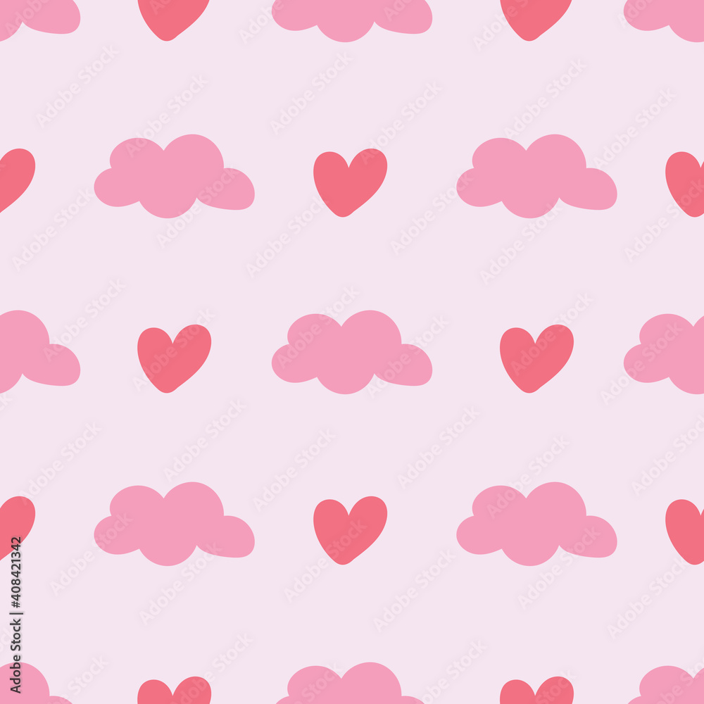 Seamless pattern with hand-drawn love and clouds. Creative kids style texture for fabric, wrapping, textile, wallpaper, apparel. Surface pattern design.