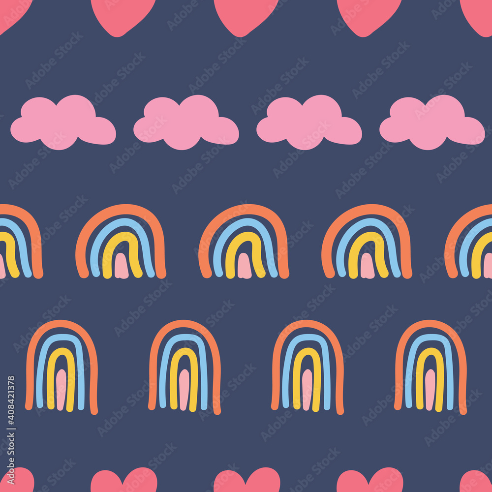 Scandinavian seamless pattern with hand-drawn rainbows, love, and clouds. Creative kids style texture for fabric, wrapping, textile, wallpaper, apparel. Surface pattern design.