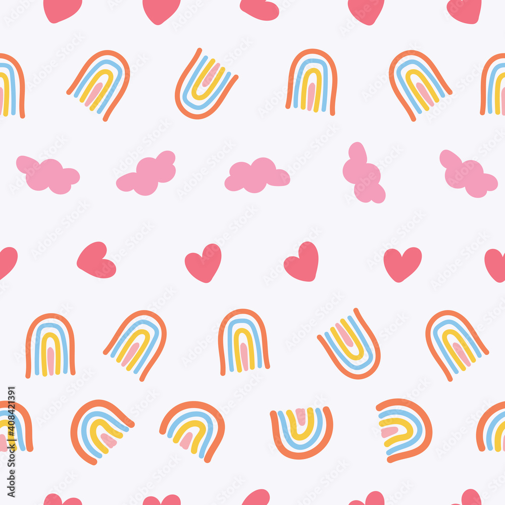 Scandinavian seamless pattern with hand-drawn rainbows, love, and clouds. Creative kids style texture for fabric, wrapping, textile, wallpaper, apparel. Surface pattern design.