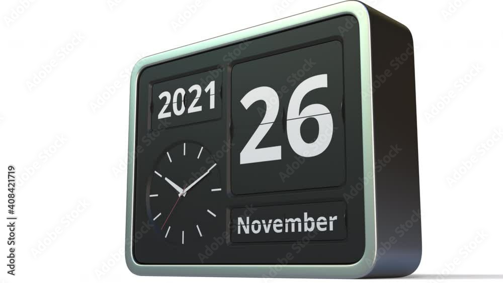 November 26 date on the retro flip clock calendar, 3d animation November 26 date on the retro flip clock calendar, 3d animation