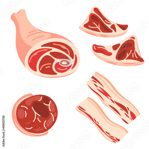 Photography Raw pork meat, parts of hog carcass