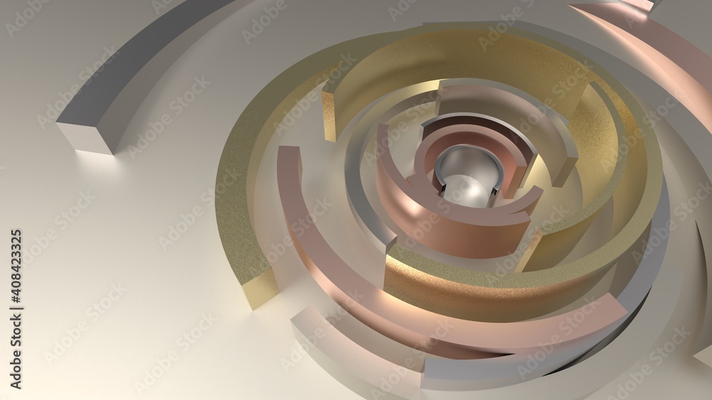 Fototapeta premium 3d Data Presentation Wallpaper with Close up of Spiral Circles with Metallic Material
