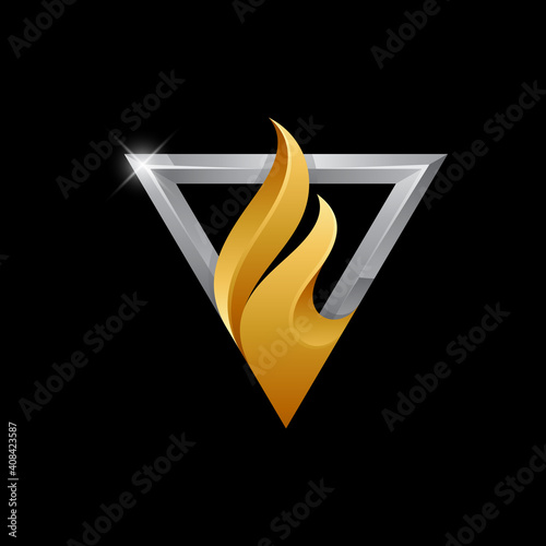 Luxury fire logo with triangle frame in 3d concept gold and silver shiny color