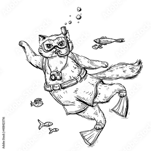 Cat scuba diver dressed in a mask for diving, swimming trunks, flippers and with camera.