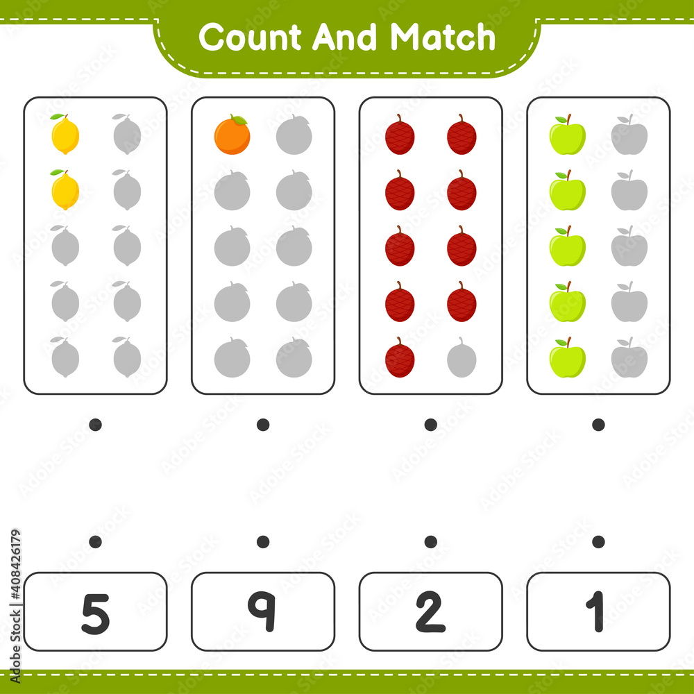 Count and match, count the number of Fruits and match with right numbers. Educational children game, printable worksheet, vector illustration