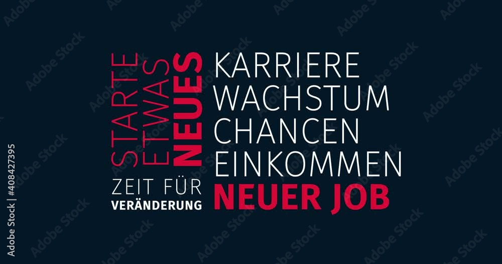 Neuer Job, Stellenangebot. Animierte Schlagwortwolke. Kinetische Text Animation.