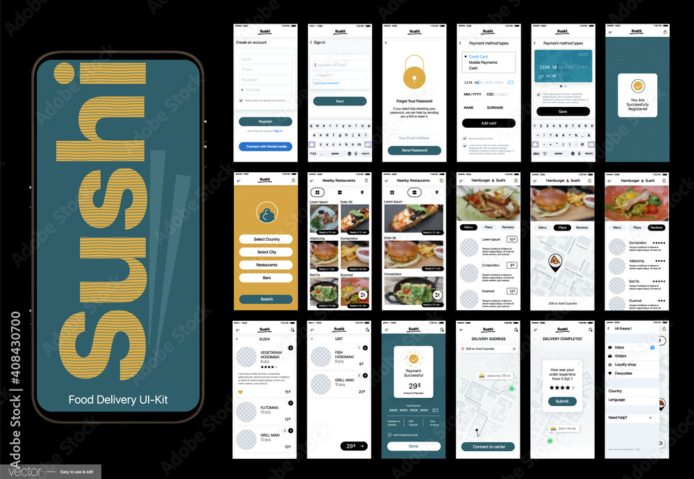 Sushi Delivery. Design of the Mobile Application, UI, UX. Set of GUI ...