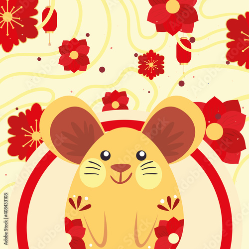 Chinese new year 2021 mouse with red flowers vector design