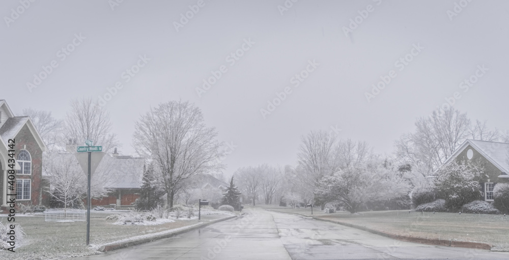 View of Midwestern suburb in snow blizzard