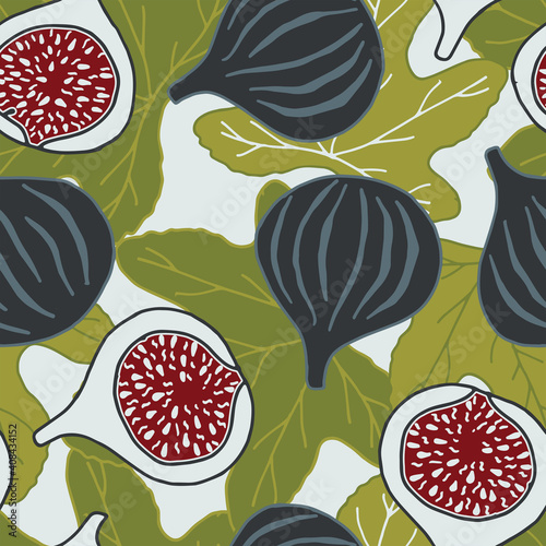 Repeat seamless pattern with figs and leaves.