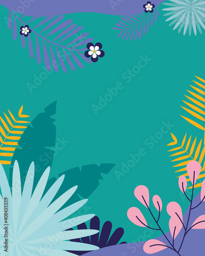 turquoise background with colorful leaves and flowers