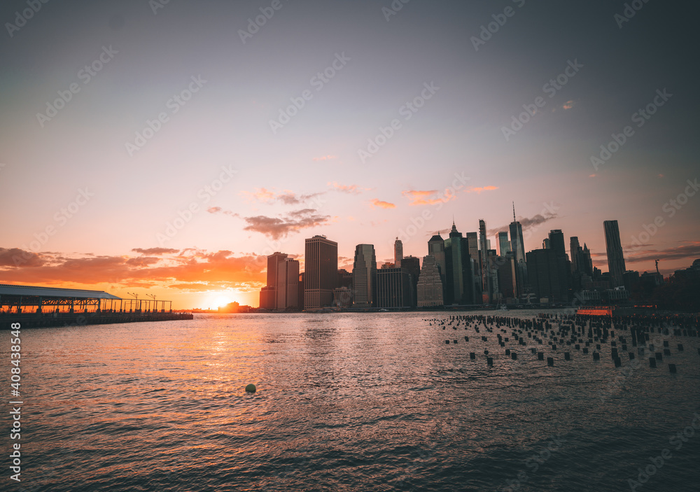 city skyline at sunset New York usa 