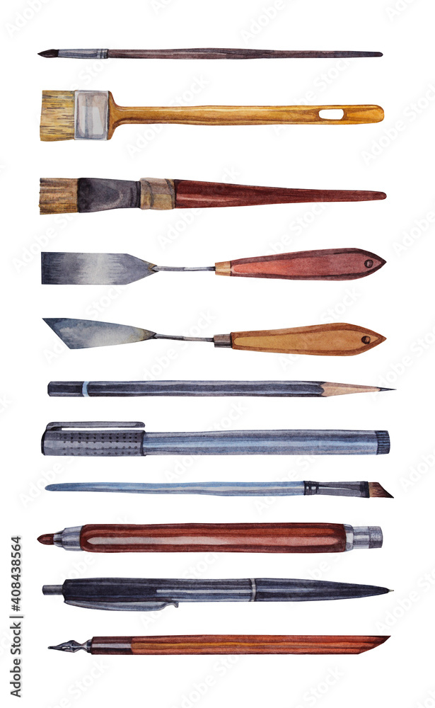 Set watercolor palette knife for artist or repairs brush pencil mechanical collet antique fountain pen isolated on white background. Art creative tool for sketchbook sticker, wallpaper, wrapping, card