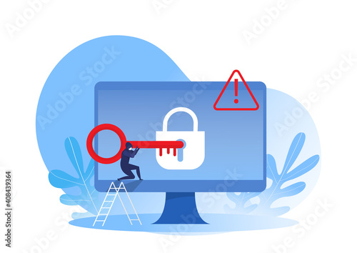 Computer lock, Hacker use key to hack into laptop. Cyber attacker trying to hack computer.