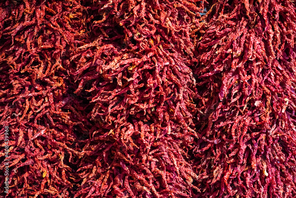 Naklejka premium Dried red chili peppers close-up view in Chengdu, Sichuan province, China