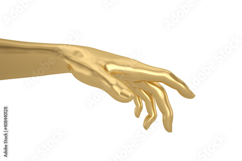 Gold hand Isolated On White Background, 3D rendering. 3D illustration.