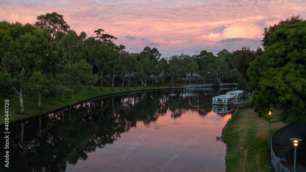 A pink Sunset over the river torrens in Adelaide South Australian on January 25th 2021