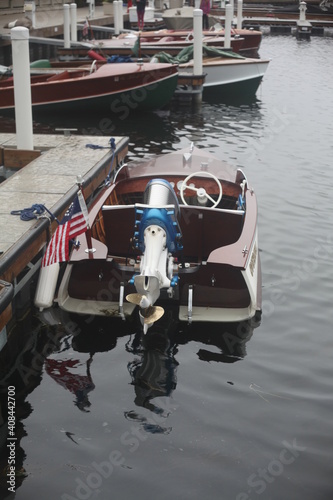 WOOD BOAT ON THE RIVER, LAKE, WATER, 