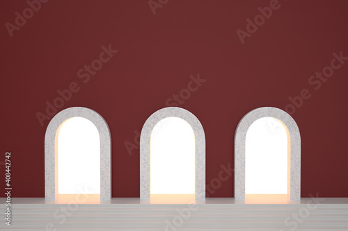 Red arch wall background, Minimal concept, 3D Rendering.