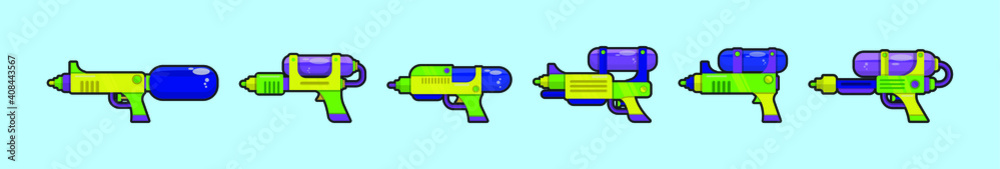 set of water gun cartoon design template with various models. vector illustration isolated on blue background set of water gun cartoon design template with various models. vector illustration isolated on blue background