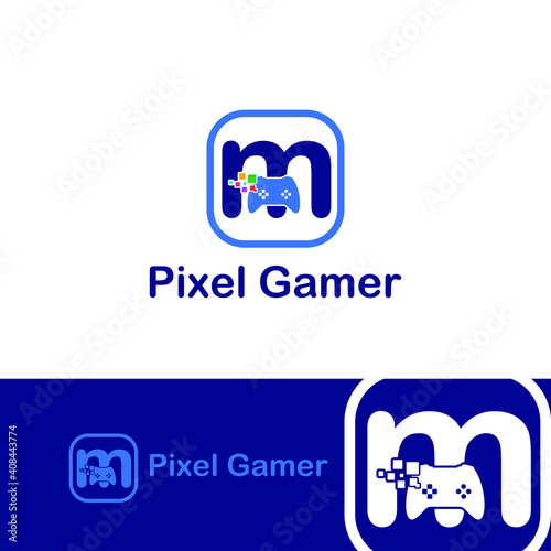 m initial letter with game console icon and pixel for gaming logo concept. game startup application