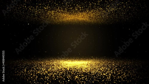 gold particles abstract background with shining golden floor particles stars dust. Futuristic glittering fly movement flickering loop in space on black background.	