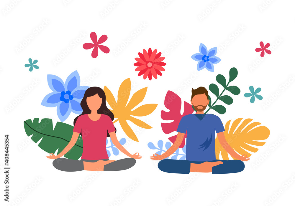 Man and woman doing meditation for relaxation and good health with colorful leaves on background. Yoga pose exercise. Mind power. Mindfulness. Mental health. - obrazy, fototapety, plakaty 