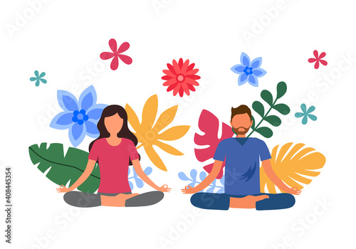 Man and woman doing meditation for relaxation and good health with colorful leaves on background. Yoga pose exercise. Mind power. Mindfulness. Mental health.