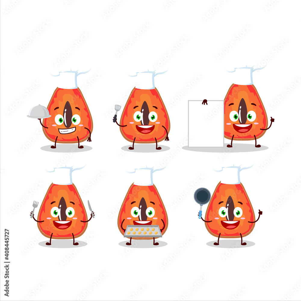 Cartoon character of slice of mamey with various chef emoticons