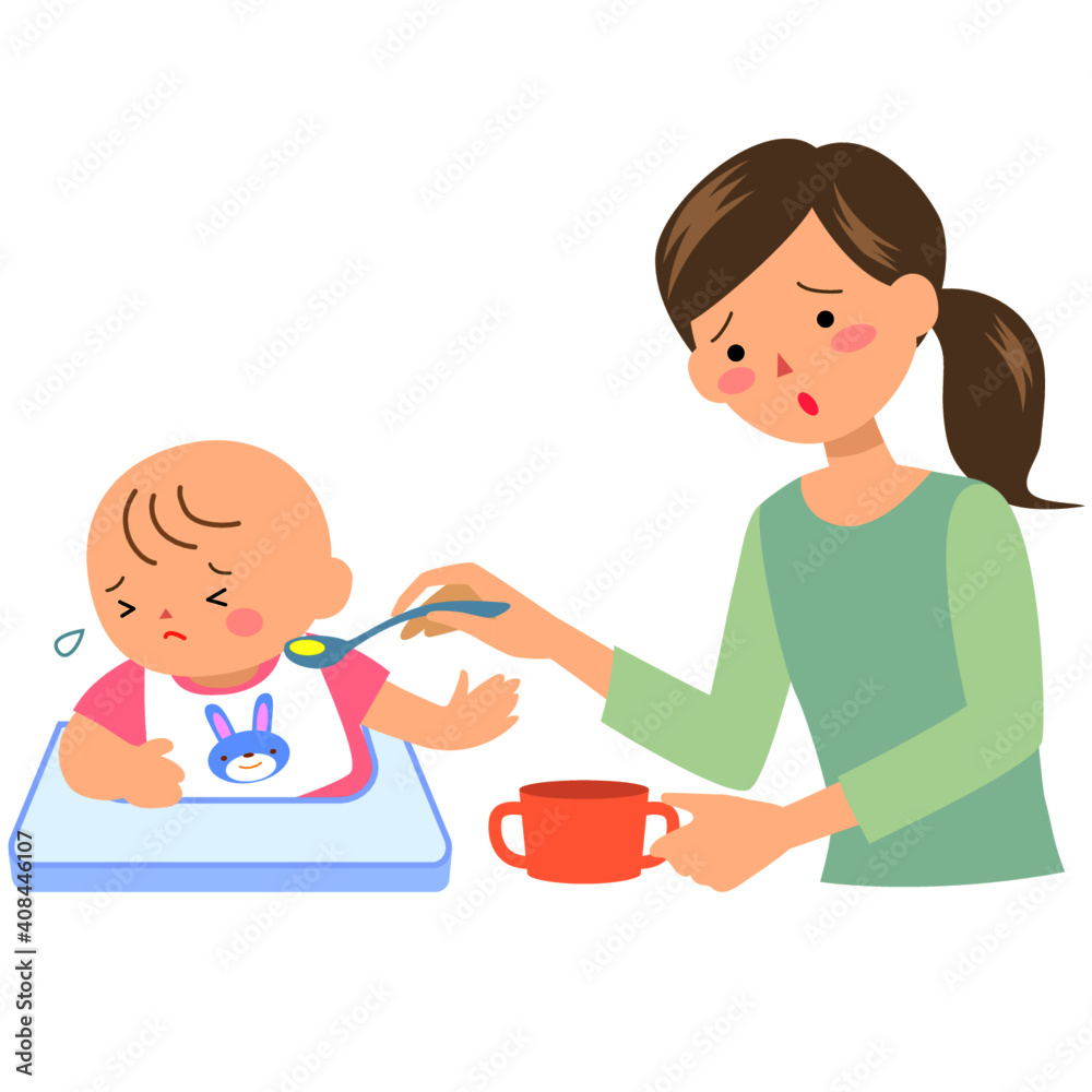 離乳食を嫌がる女の赤ちゃんと母親